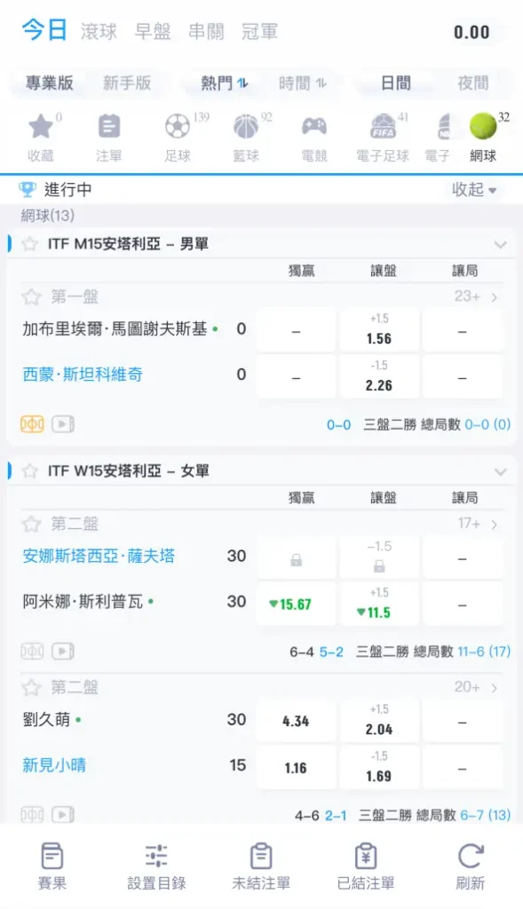 ITF網球公開賽事場中投注表截圖